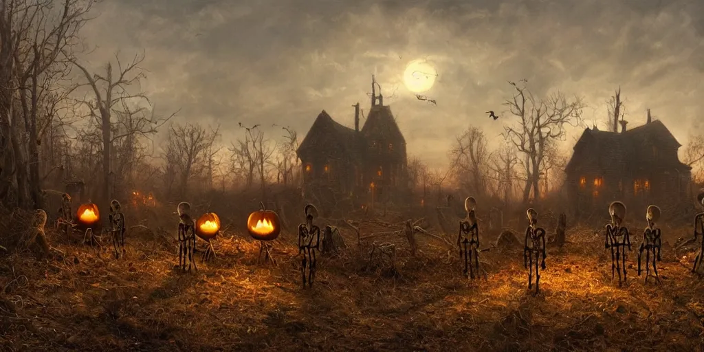 Image similar to a halloween landscape with a few skeletons two ghosts and one witch around in november, by Ernest deutsch + Ted Nasmith, cinematic lighting, masterpiece, highly detailed, 8k resolution, trending on art station