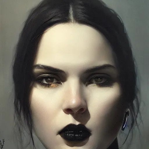 Image similar to Face of a beautiful woman with very black hair, intimidating woman, large black eyes, high forehead, smooth pale skin, ethereal skin, ominous, eldritch. oil painting by nuri iyem, james gurney, james jean, greg rutkowski, highly detailed, soft lighting, chiaroscuro