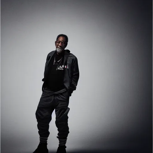 Image similar to a studio photograph of Morgan Freeman dressed as Travis Scott, 40mm lens, shallow depth of field, split lighting