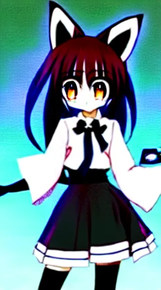 Image similar to Anime Screenshot of a “red-eyed black-haired anime fox girl” wearing black fingerless-gloves, high-waist-black-skirt, white-collared-shirt blue-open-jacket, black-necktie, unsheathing her katana, white background, visual-key, anime illustration, pixiv, anime-twitter