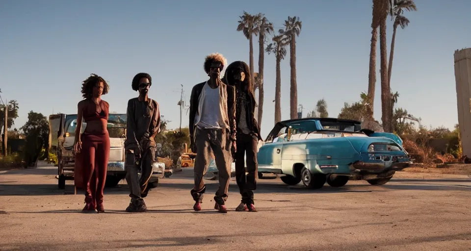 Prompt: first image afrofuturistic heist movie starring halle berry, snoop dogg and james brown, sundance official selection. shot at the watts towers with alexa mini, stunning cinematography, golden hour, filmgrain.