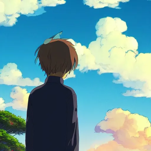 Prompt: friendly guy with Fragile looking portrait face colorful sky made by Studio Ghibli highly detailed art, beautiful scene, sharp focus, smooth, 8k, anime art