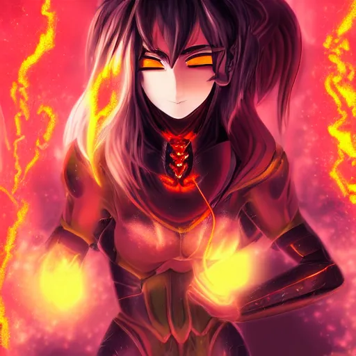 Prompt: portrait focus of demon beautiful 3D anime girl, Molten lava armor wearing, dark volcano background, ash falling, bokeh, inspired by Masami Kurumada, digital painting, high contrast, unreal engine render, volumetric lighting, high détail