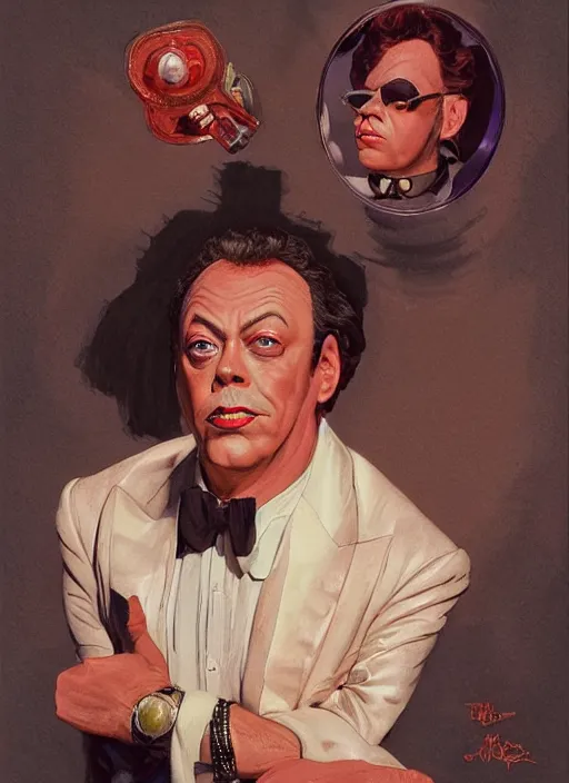 Image similar to portrait of tim curry as wadsworth in clue ( 1 9 8 5 ), highly detailed, centered, solid color background, digital painting, artstation, concept art, smooth, sharp focus, illustration, donato giancola joseph christian leyendecker, les edwards, ed repka, basil gogos, wlop, artgerm