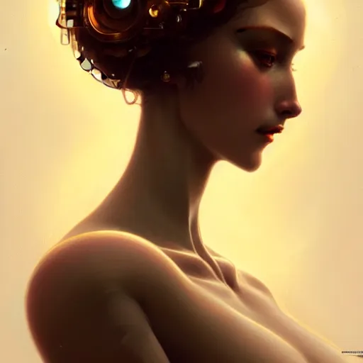 Image similar to beautiful Ameca Humanoid Robot, intricate, elegant, highly detailed, digital painting, artstation, concept art, smooth, sharp focus, illustration, art by artgerm and greg rutkowski and alphonse mucha and loish and WLOP