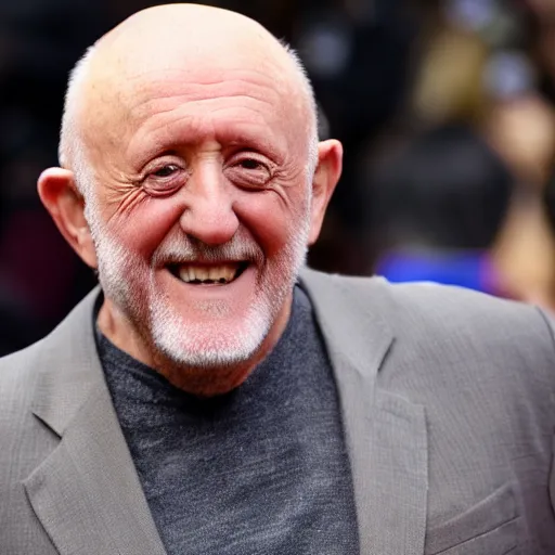 Image similar to mike ehrmantraut grinning in front of a camera