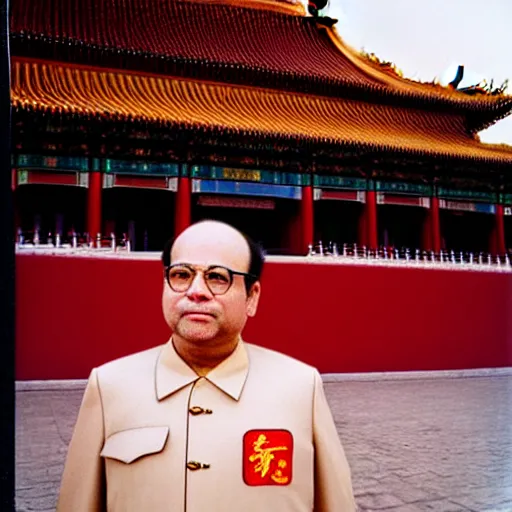 Image similar to polaroid of george costanza wearing chinese communist clothing in the forbidden city, colored, taschen, by nan goldin