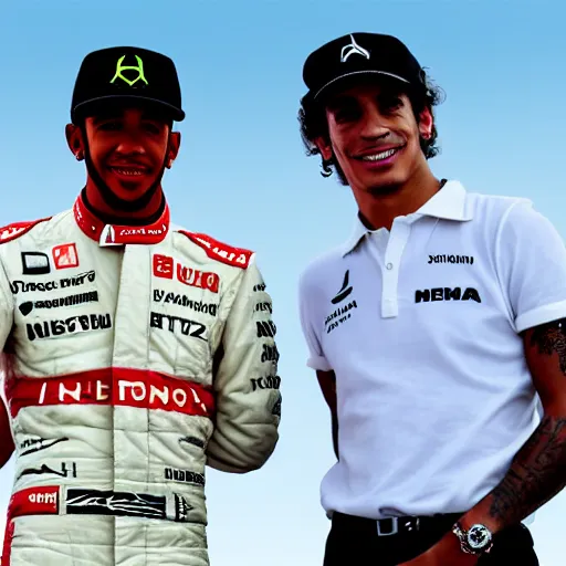 Image similar to lewis hamilton with ayrton senna, nikon photorealistic award - winning 4 k bright