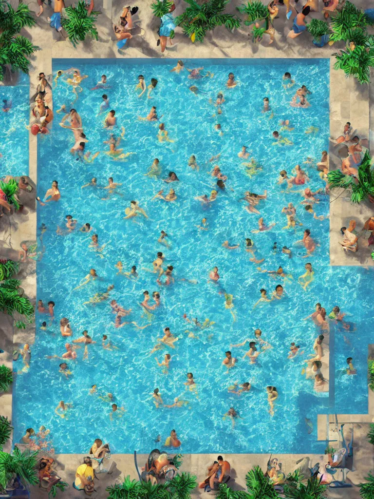 Image similar to tiled pool with people swimming, overhead, by disney concept artists, blunt borders, rule of thirds