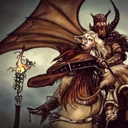 Image similar to viking riding dragons flies holding donald trump's severed head