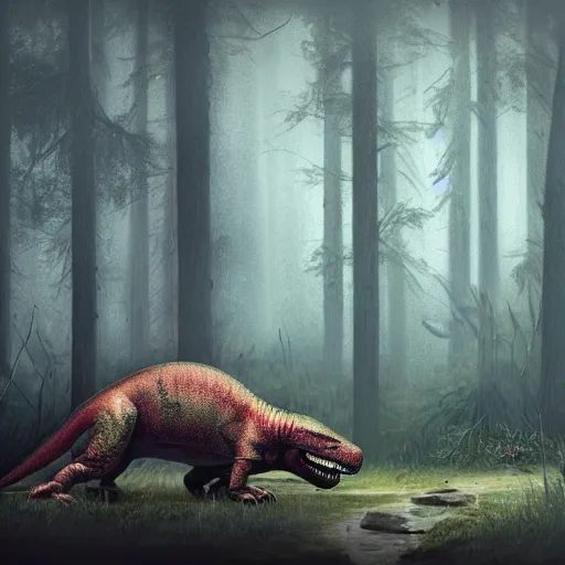 Prompt: T-Rex sleeping in a thick forest ,it is raining, night time , peaceful atmosphere, moody lighting , digital art , highly detailed , high contrast, beautiful lighting, award winning , trending on art station, photorealistic, 8k