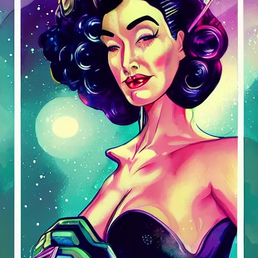 Image similar to a retro sci - fi pinup illustration of dita von teese in the style of anna dittmann and in the style of alex maleev.