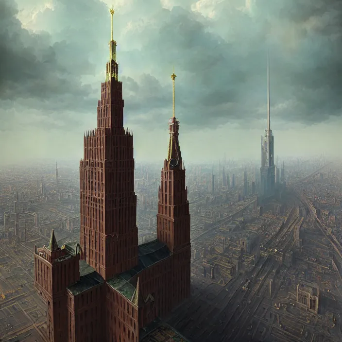 Image similar to matte painting by marc simonetti, jonathan solter, greg rutkowski of a moscow state university building, masterpiece, cinematic, hyperdetailed, photorealistic, hyperrealism, architecture, aerial view,