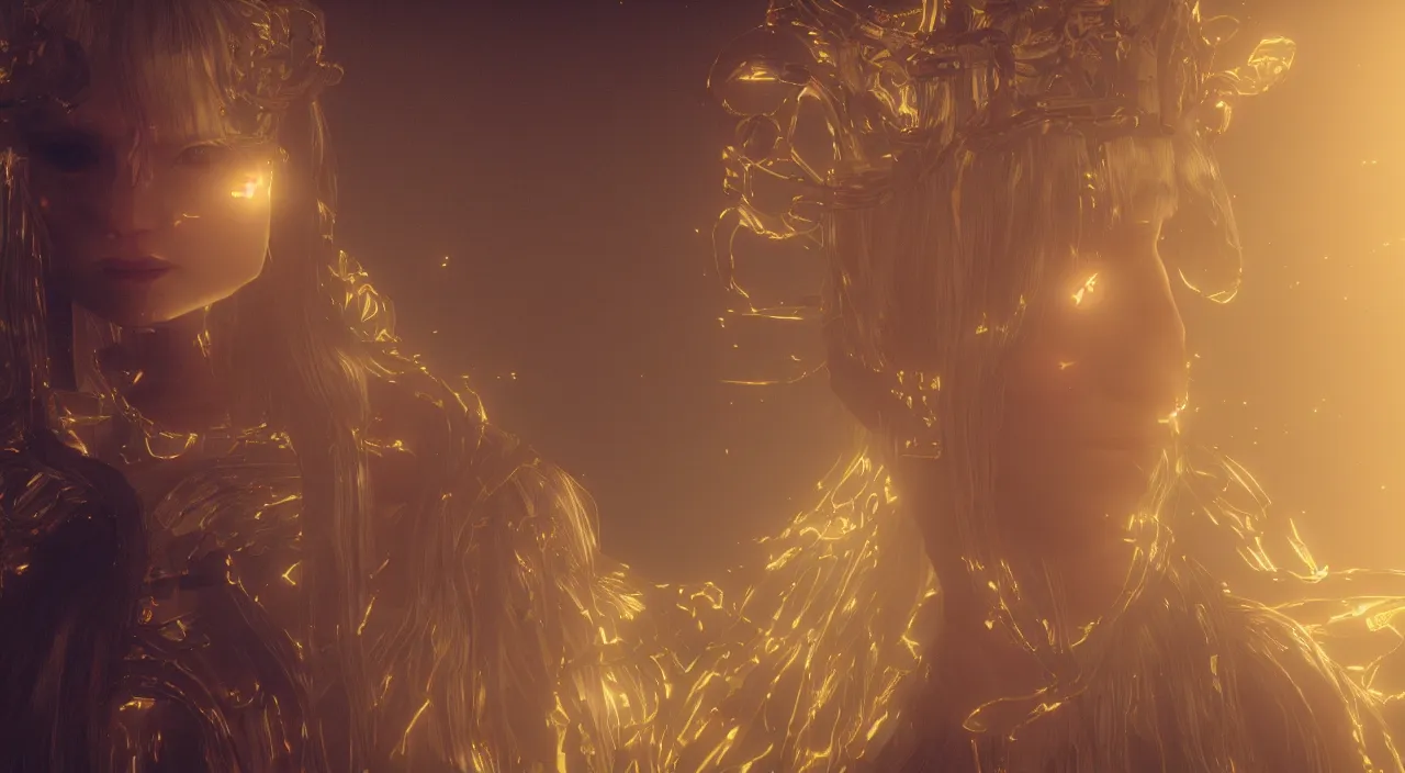 Image similar to cinematic render of Grimes as the mother god of all languages in a large room with holographic codes and golden light rays, trending on artstationHD, 8K