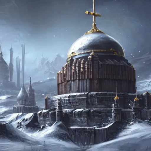 Prompt: The capital of a warhammer 40k imperial russian citadel, black domes and spires, sci fi, located in the frozen northern wastes, snow capped mountains, fantasy, highly detailed, digital painting, artstation, concept art, illustration, art by Bayard Wu and Marc Simonetti and Diego Gisbert Llorens