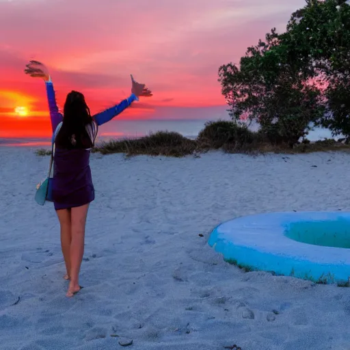 Prompt: a woman facing a blue energy portal on the street, which shows a beach at sunset