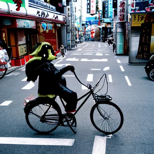 Image similar to a dragon riding a bike in the streets of tokyo