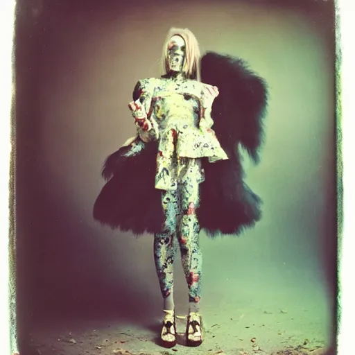 Image similar to kodak portra 4 0 0, wetplate, photo of a surreal artsy dream scene,, girl, weird fashion, grotesque, extravagant dress, carneval, animal, wtf, photographed by paolo roversi style