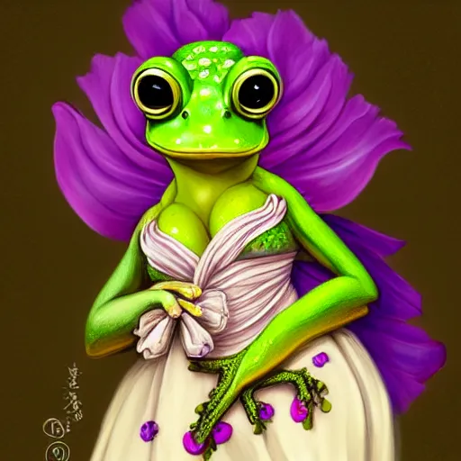 Image similar to cute purple female frog in enchanted rococo hanbok, full character, concept art, trending on artstation, in the style of alexander mcqueen, alexander jansson, jean - baptiste monge, george frederic watts