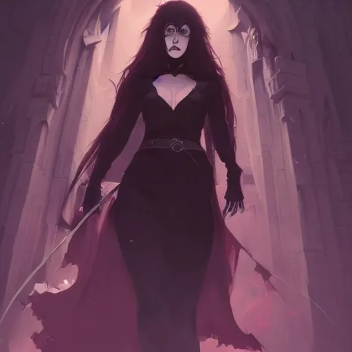 Image similar to female human vampire witch in the style of greg rutkowski, makoto shinkai, trending on artstation, character design, concept art, pretty face, highly detailed, long black hair, portrait, digital art