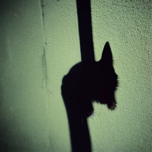 Prompt: medium - shot of a blurry shadow!! of a cat!! only cat shadow! at the wall in the street, colours, polaroid photo