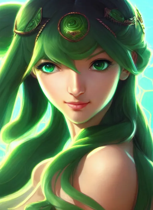 Prompt: portrait, from left, head and body, palutena, piercing green eyes, green hair, concept art, unreal engine, by rossdraws, frank franzzeta, intricate, masterpiece, elegant, hyper, concept art, smooth, sharp focus, illustration, art by artgerm and greg rutkowski and alphonse mucha and garis edelweiss