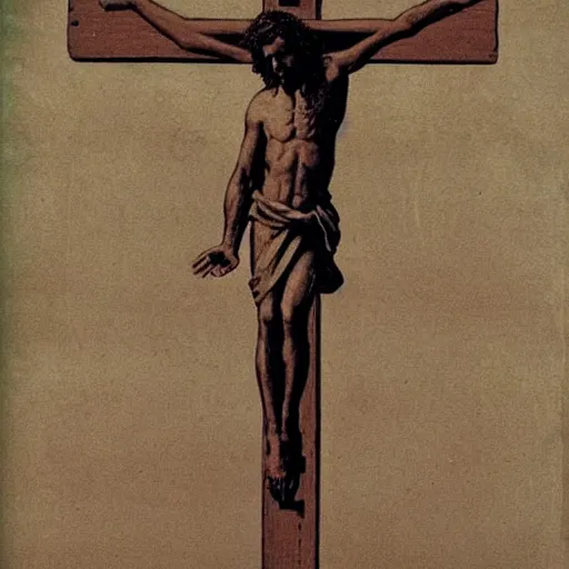 Image similar to jesus on a crucifix. he has the head of a bald eagle and wings for arms.