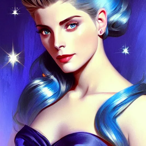 Prompt: Ashley Greene's face combined with Grace Kelly's face with blue hair as Sailor Moon, western, D&D, fantasy, intricate, elegant, highly detailed, digital painting, artstation, concept art, matte, sharp focus, illustration, art by Artgerm and Greg Rutkowski and Alphonse Mucha