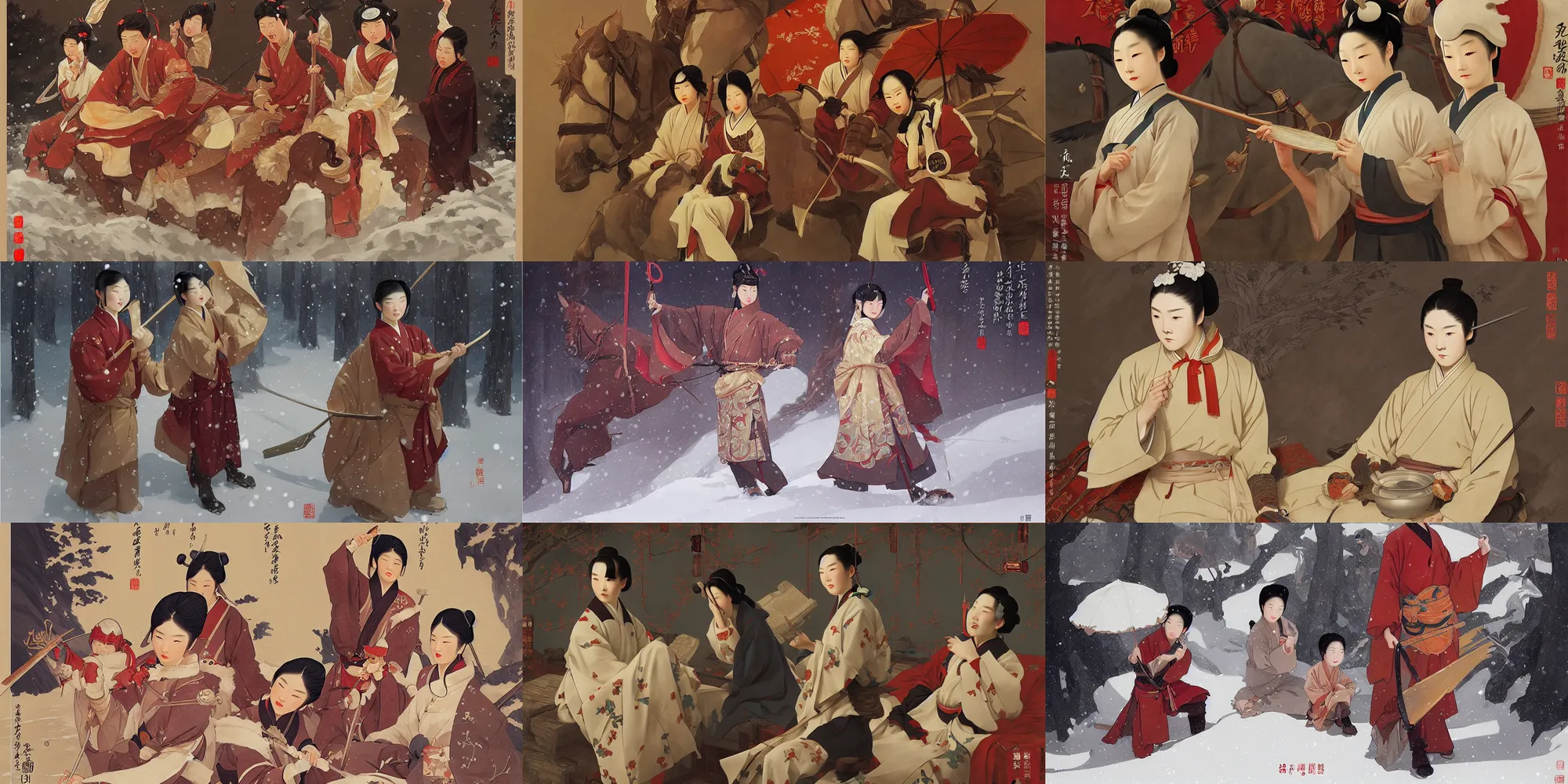 Prompt: tang dynasty, winter, in the style of studio ghibli, j. c. leyendecker, greg rutkowski, artem