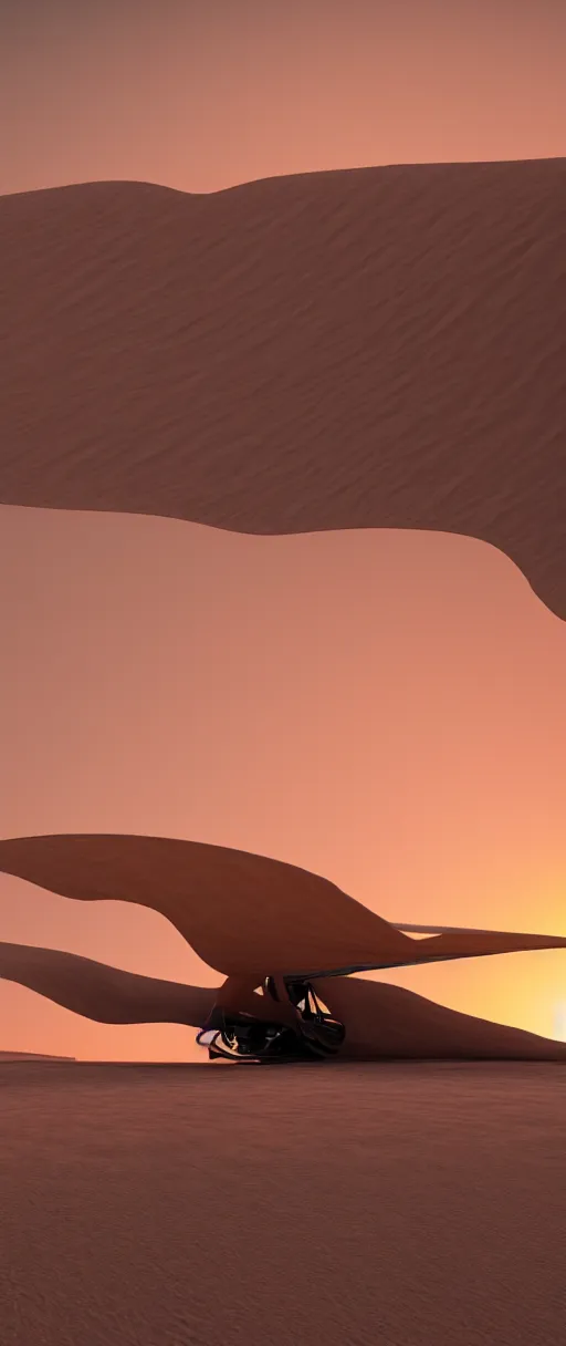 Image similar to an ornithopter on dune, giant sand worms in the background, light orange sunset, volumetric light, hdr, 8 k, bokeh designed by moebius kow yokoyama