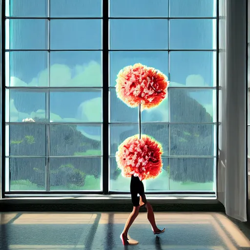 Image similar to giant carnation flower head, woman walking next to modern window in luxury apartment, surreal photography, sunlight, impressionist painting, digital painting, artstation, simon stalenhag