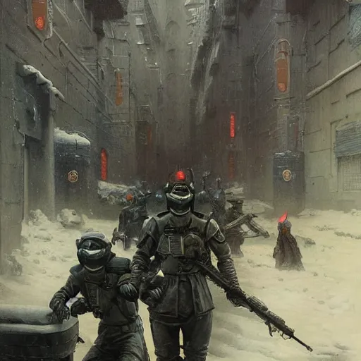 Image similar to portrait of futuristic soldiers squad on the art deco streets of the undying empire city of ya - sattra during the festival of masks, snow, winter, award - winning realistic sci - fi concept art by beksinski, bruegel, greg rutkowski, alphonse mucha, and yoshitaka amano