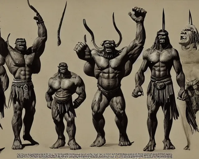 Prompt: hyper realistic group vintage photograph of a warrior orc tribe, tall, muscular, hulk like physique, sharp fangs and tusks, big arms, big hands, big feet, armored, tribal paint, highly detailed