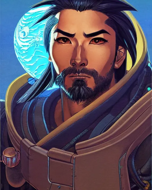 Image similar to hanzo from overwatch, character portrait, portrait, close up, concept art, intricate details, highly detailed, vintage sci - fi poster, retro future, vintage sci - fi art, in the style of chris foss, rodger dean, moebius, michael whelan, and gustave dore