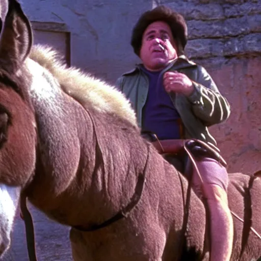 Prompt: Danny DeVito rides a donkey, cinematic, 80s, 4k,