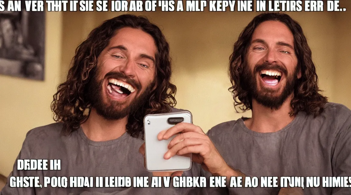 Image similar to portrait of jesus laughin because see a meme in him cellphone, no letters
