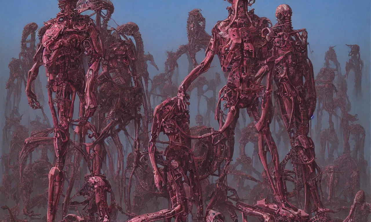 Prompt: painting by wayne barlowe. juxtaposition of man and machine