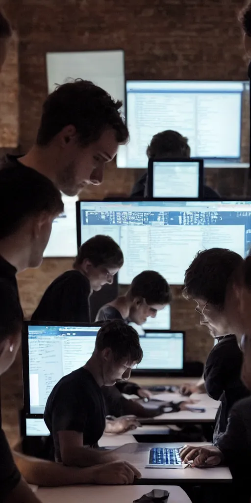 Image similar to 5 people writing code on laptops in a dimly lit room at night, computer screens illuminate their faces