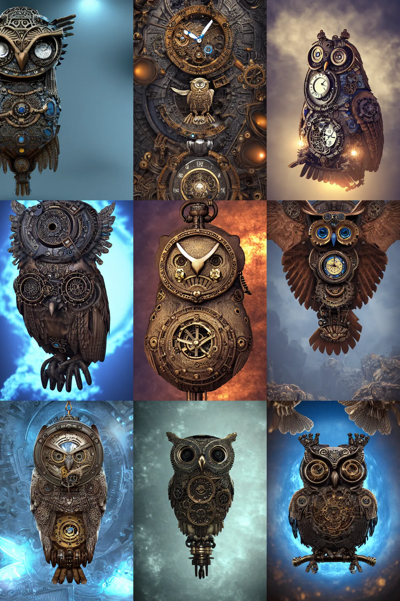 Prompt: steampunk aztec owl pocketwatch, intricate detail, volumetric lighting, epic composition, hyper detailed, ultra realistic, sharp focus, octane render, volumetric, ray tracing, sense of awe, swirling mist, blue moon