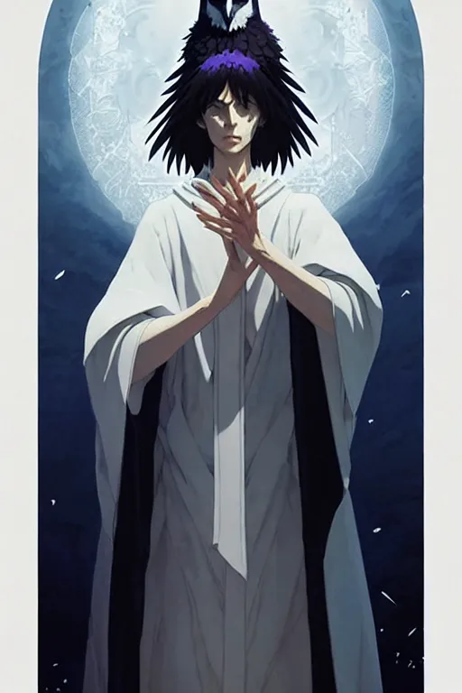 Image similar to raven headed warlock doing magic spells wind, white robes, finely detailed perfect face, exquisite details, mid view, design on a white background, by studio muti, greg rutkowski makoto shinkai takashi takeuchi studio ghibli