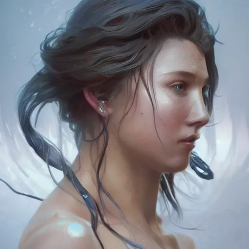 Image similar to water elemental, lifelike, portrait, highly detailed, digital painting, artstation, concept art, sharp focus, illustration, cinematic lighting, art by artgerm and greg rutkowski and alphonse mucha