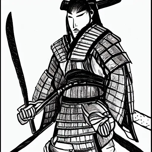 Image similar to A drawing of a samurai warrior, sword drawn ::