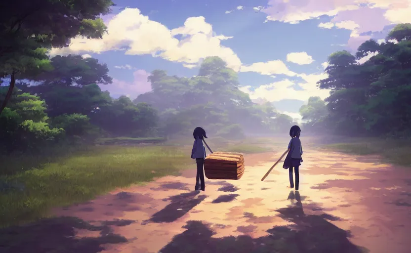 Prompt: carrying wooden logs, slice of life anime scene by Makoto Shinkai, digital art, 4k