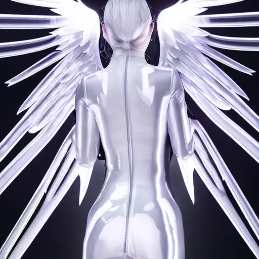 Prompt: angelic heavenly interior, glossy spinal metal, black liquid, latex pvc, winged, arched, bursts of white light, minor lens flares, 8k, photorealistic, muted colors, depth of field,