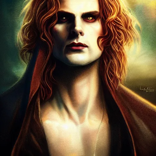 Image similar to majestic gracious regal aristocratic male vampire lestat de lioncourt portrait, atmospheric lighting, painted, menacing, intricate, volumetric lighting, beautiful, rich deep colours masterpiece, golden hour, sharp focus, ultra detailed, by leesha hannigan, ross tran, thierry doizon, kai carpenter, ignacio fernandez rios