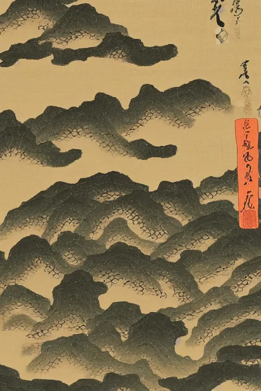 Prompt: japanese painting of a landscape by kano sanraku in the style of nihonga, gold