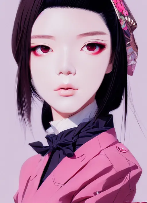 Image similar to a portrait of a young woman in japanese street fashion clothing, confident pose, intricate, elegant, sharp focus, illustration, highly detailed, concept art, matte, trending on artstation, anime, art by james jean and artgerm and brian despain and alberto mielgo, greg rutkowski, wlop, ilya kuvshinov, strong strokes