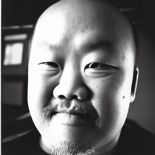 Prompt: photo portrait of Bobby Lee, black and white, Kodak Ultra F9, 35mm