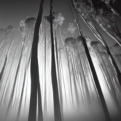 Prompt: long exposure photograph of eucalyptus trees, strong wind, back light, dslr, photographed by trent parke