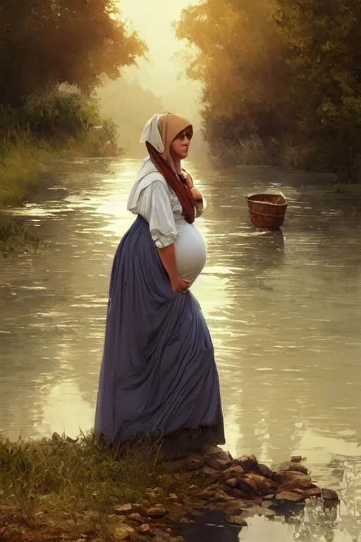 Prompt: rural pregnant woman doing laundry on river, portrait, elegant, intricate, digital painting, artstation, concept art, smooth, sharp focus, illustration, art by artgerm and greg rutkowski and alphonse mucha